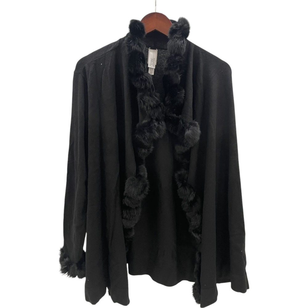 WynneCollection Women's Faux Fur Pompom Cardigan Black - Regular